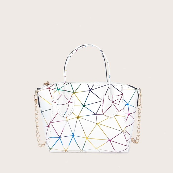 

Geometric Graphic Chain Satchel Bag, White