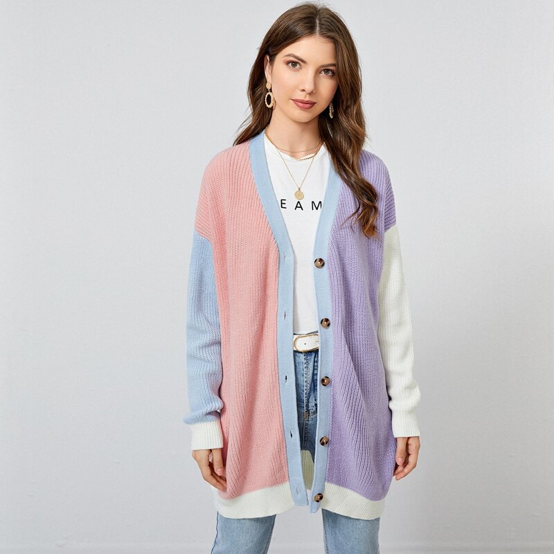 

Buttoned Front Colorblock Cardigan, Multicolor pastel