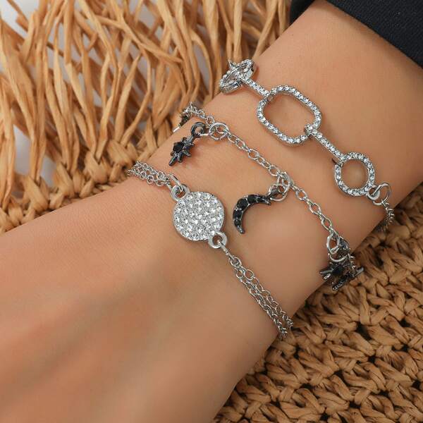 

3pcs Rhinestone Geo Decor Bracelet, Silver