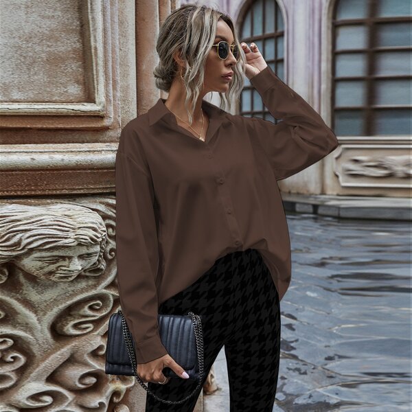 

Solid Button Up Drop Shoulder Blouse, Chocolate brown