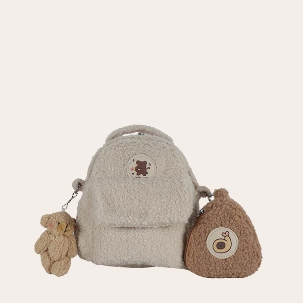 

Bear Graphic Fluffy Backpack With Coin Case, Beige