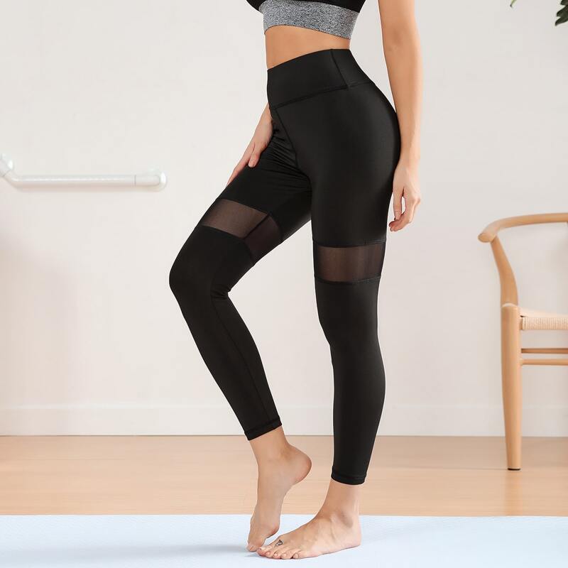 

Contrast Mesh Solid Sports Leggings, Black