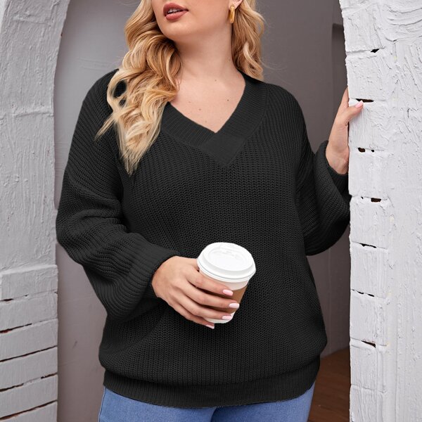 

Plus Solid V-neck Drop Shoulder Sweater, Black