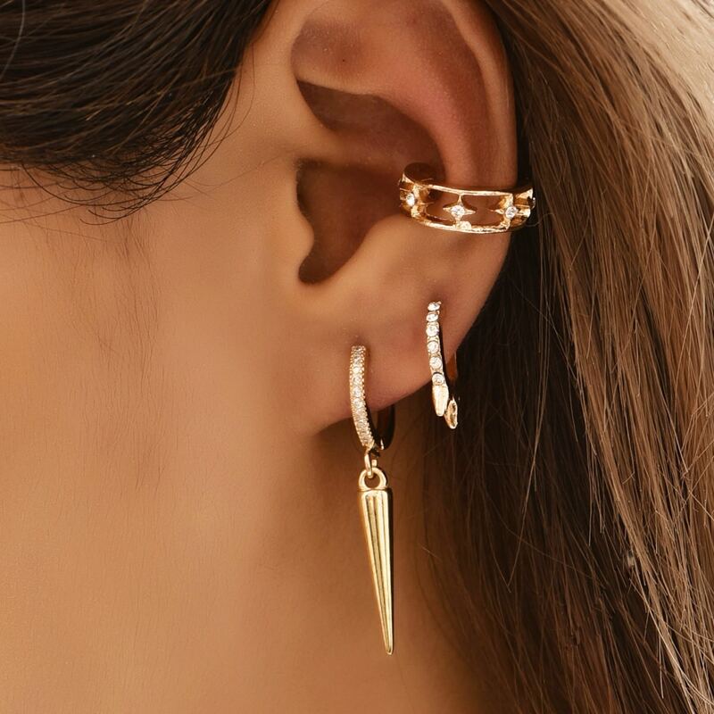 

3pcs Rhinestone Decor Earrings, Gold