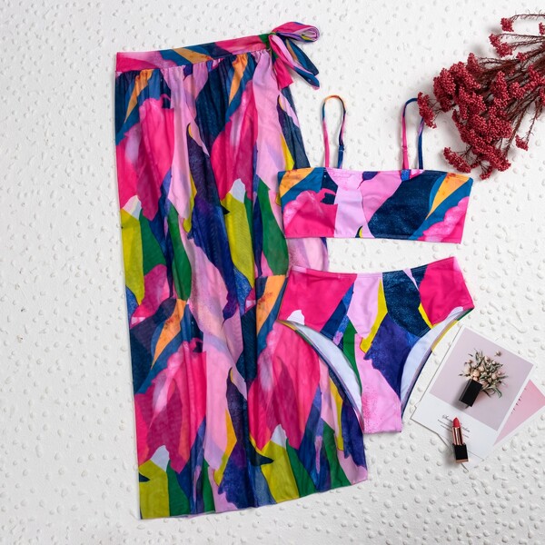 

3pack Allover Graphic Bikini Swimsuit & Beach Skirt, Multicolor