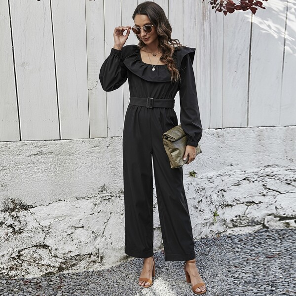 

Tie Back Ruffle Trim Belted Jumpsuit, Black