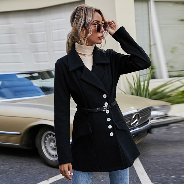 

Lapel Neck Single Breasted Belted Overcoat, Black