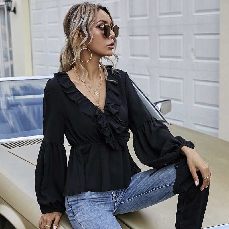 

Bishop Sleeve Ruffle Trim Peplum Blouse, Black