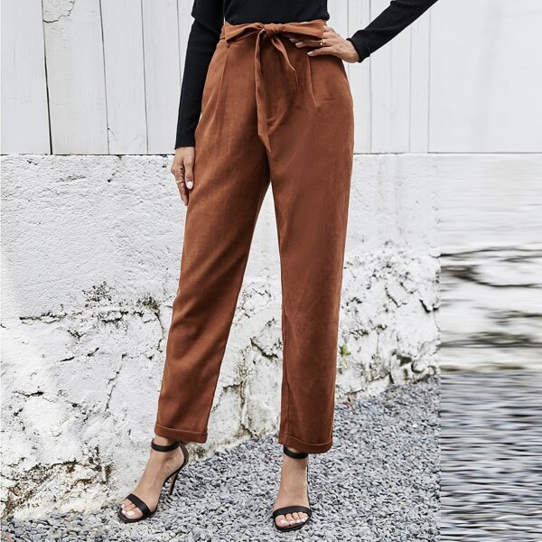 

Rolled Hem Straight Leg Belted Suede Pants, Rust brown