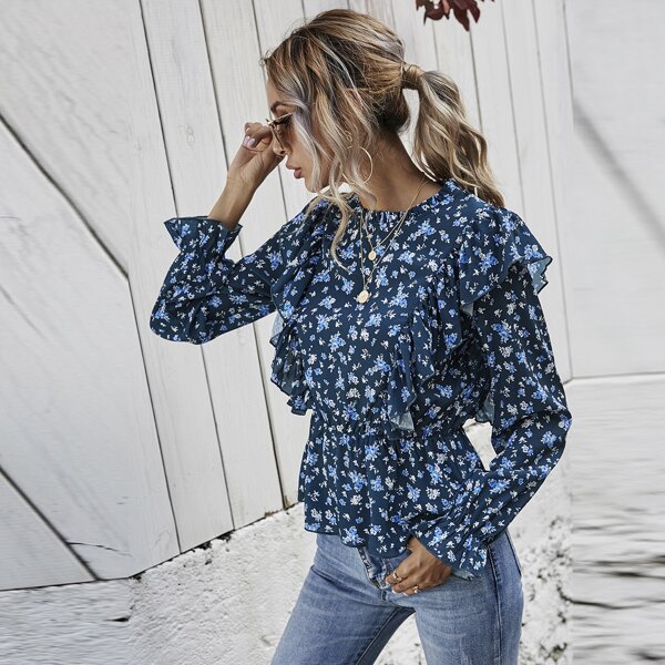

Floral Print Flounce Sleeve Peplum Blouse, Navy blue