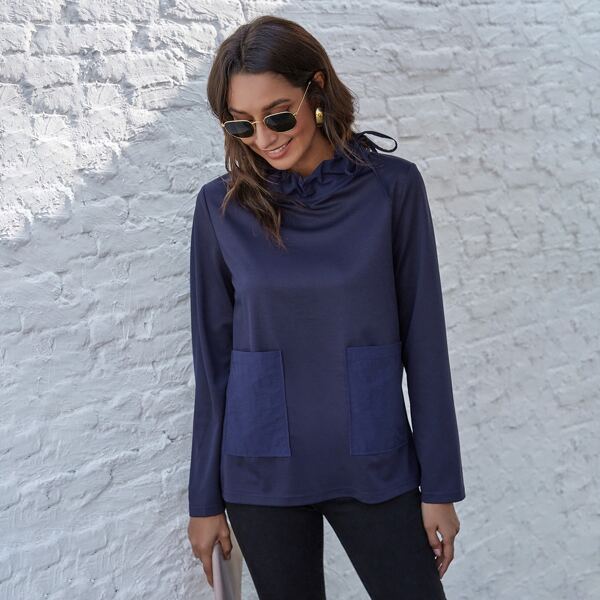 

Stand Collar Dual Pockets Tee, Navy blue