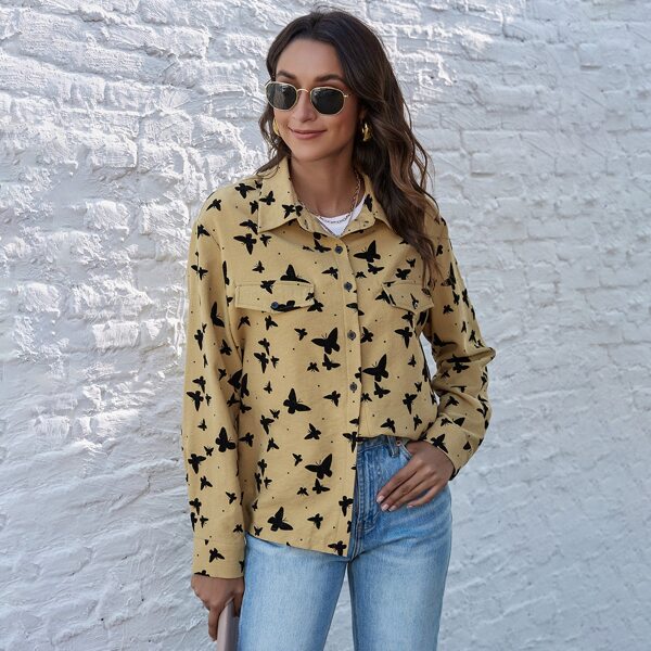 

Butterfly Print Button Front Corduroy Coat, Khaki