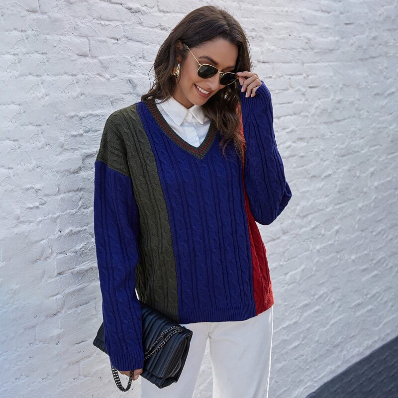 

V-neck Color-block Cable Knit Sweater, Multicolor