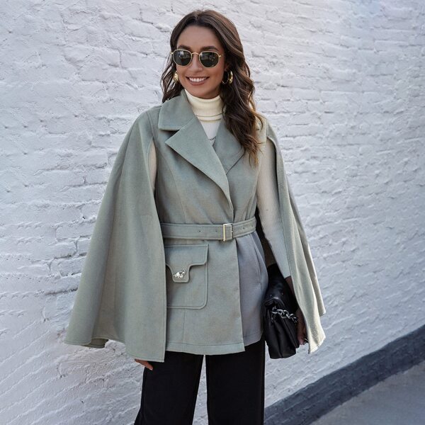

Lapel Collar Flap Pocket Belted Cape Coat, Mint green