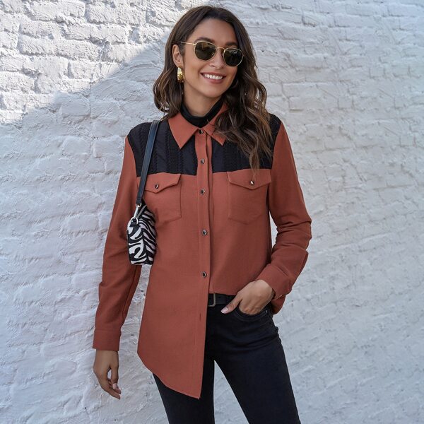 

Flap Pockets Button Up Yoke Blouse, Redwood