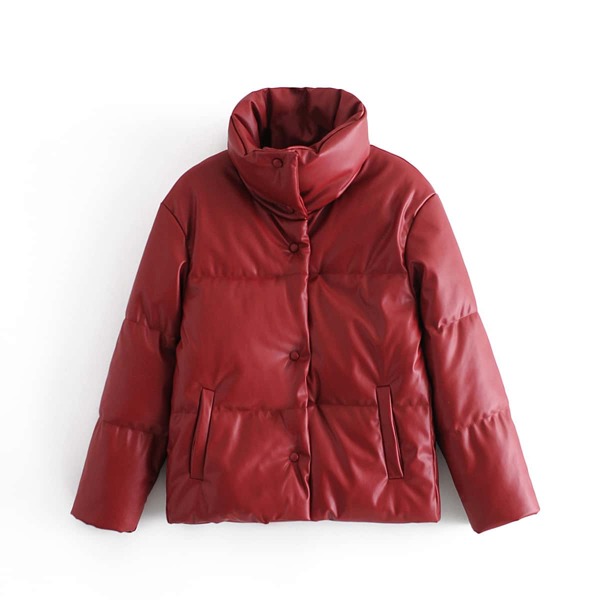 

Button Up PU Leather Puffer Coat, Burgundy