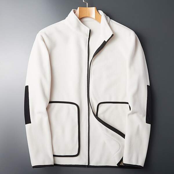 

Men Elbow Patched Contrast Piping Fleece Jacket, White