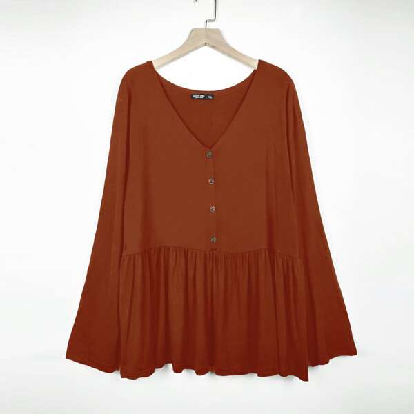

Plus V-neck Button Front Babydoll Tee, Rust brown