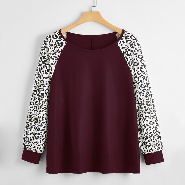 

Plus Leopard Print Raglan Sleeve Tee, Maroon