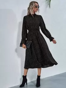 SHEIN Privé Shirred Neck & Waist Polka Dot Dress - Black - View 1