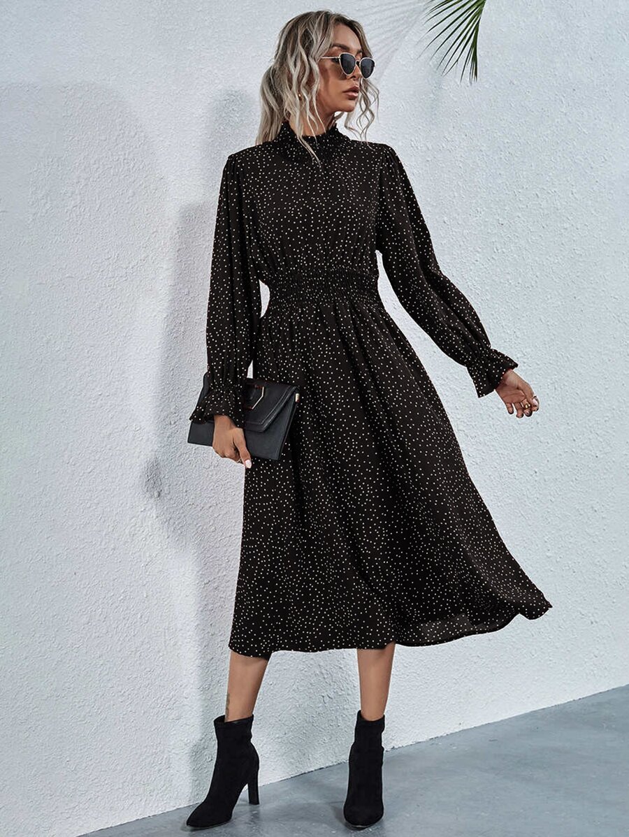 SHEIN Privé Shirred Neck & Waist Polka Dot Dress - Black - View 1