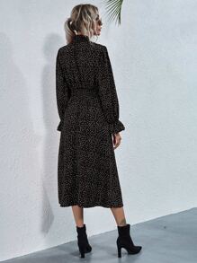 SHEIN Privé Shirred Neck & Waist Polka Dot Dress - Black - View 2
