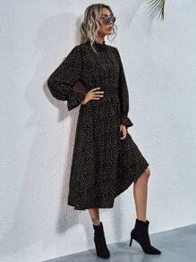SHEIN Privé Shirred Neck & Waist Polka Dot Dress - Black - View 3