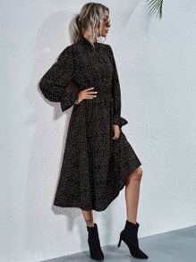 SHEIN Privé Shirred Neck & Waist Polka Dot Dress - Black - View 4