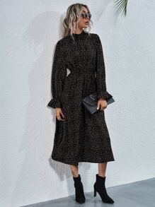 SHEIN Privé Shirred Neck & Waist Polka Dot Dress - Black - View 5