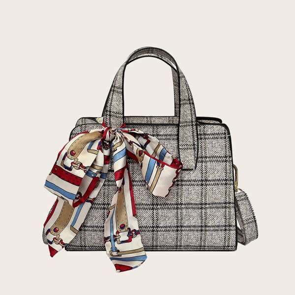 

Twilly Scarf Decor Plaid Satchel Bag, Multicolor