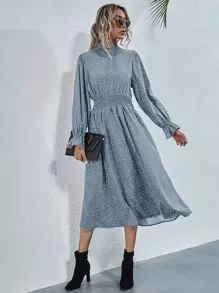 SHEIN Privé 打褶領和腰波卡圓點洋裝 - 藍色 - 查看 1