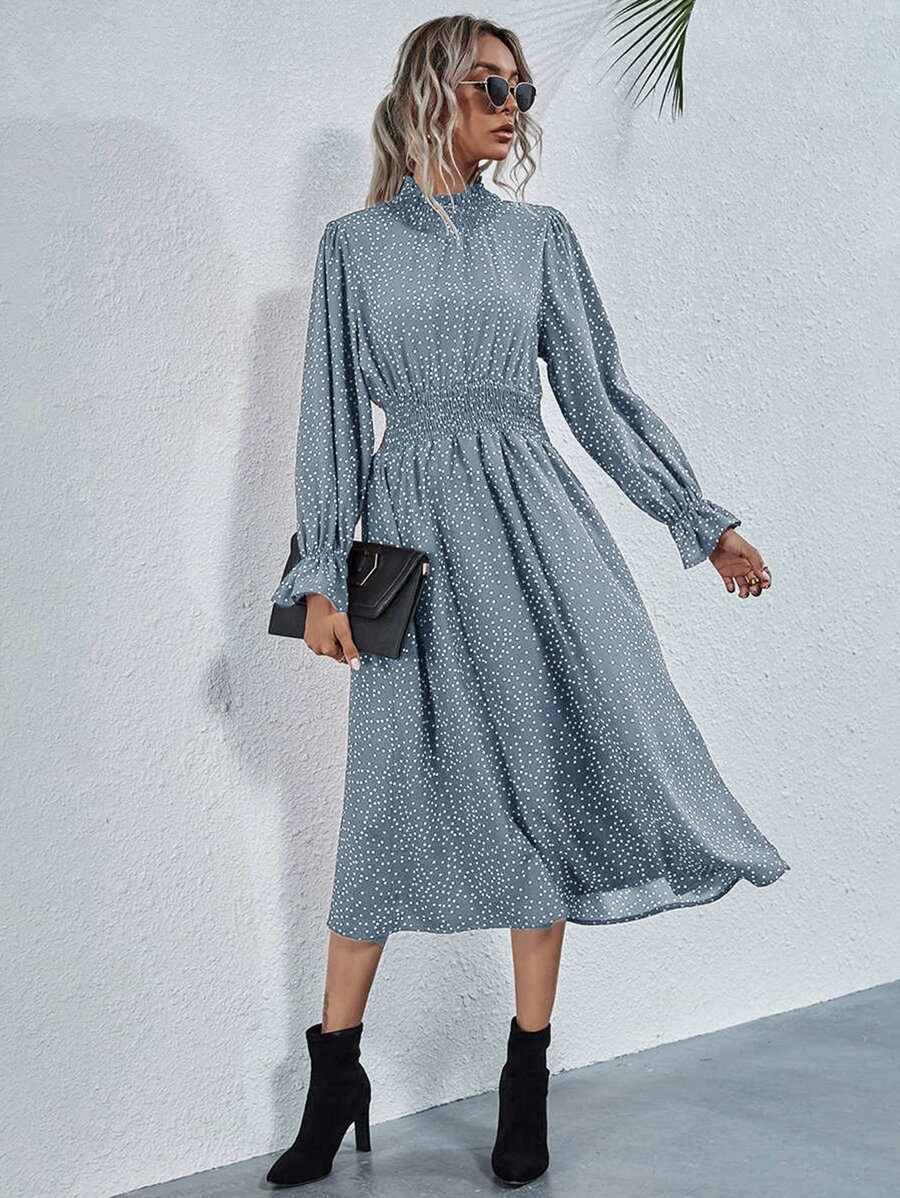 SHEIN Privé 打褶領和腰波卡圓點洋裝 - 藍色 - 查看 1