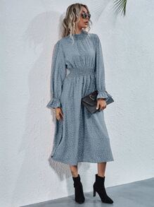 SHEIN Privé 打褶領和腰波卡圓點洋裝 - 藍色 - 查看 5