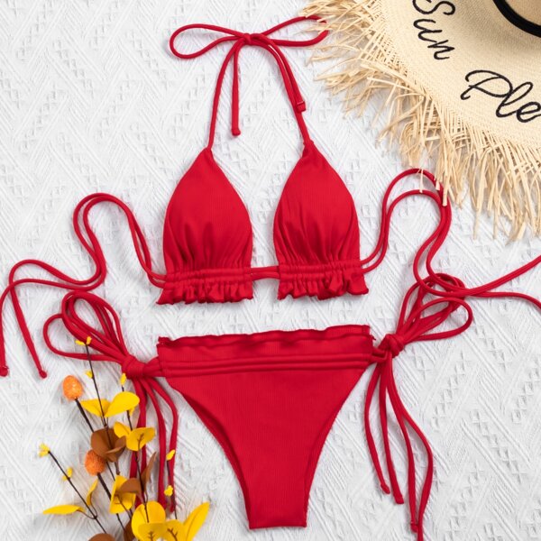 

Frill Trim Triangle Thong Bikini Swimsuit, Red