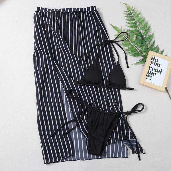 

3pack Triangle Thong Bikini Swimsuit & Striped Beach Skirt, Black and white