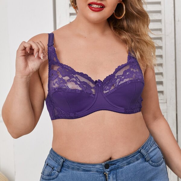 

Plus Contrast Lace Underwire Bra, Purple