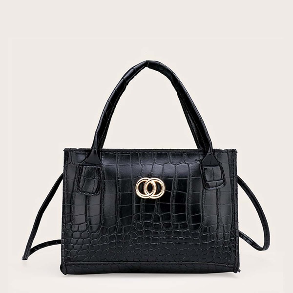 

Metal Decor Croc Embossed Satchel Bag, Black