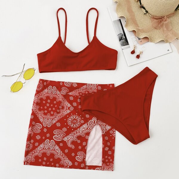 

3pack Paisley Print Rib Bikini Swimsuit, Red