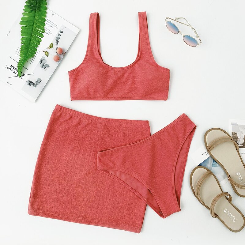 

3pack Textured Bikini Swimsuit & Beach Skirt, Red