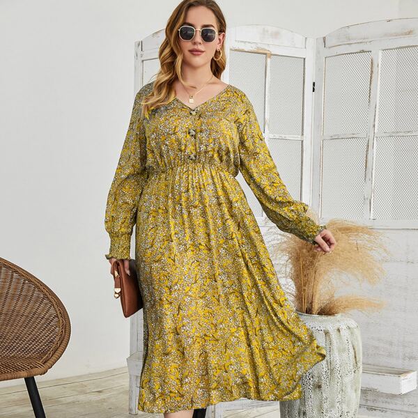 

Plus Allover Floral Print A-line Dress, Yellow