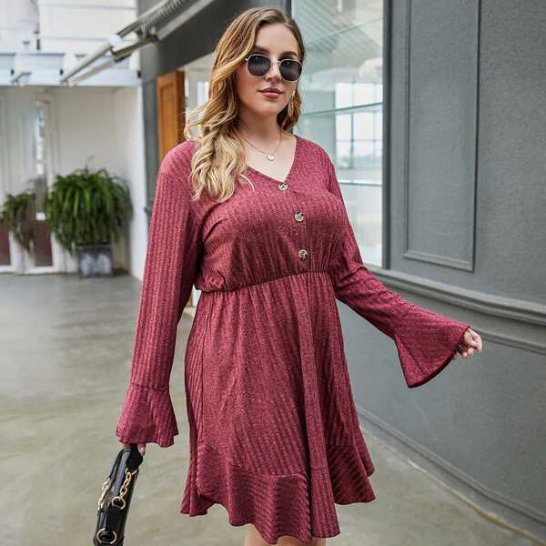 

Plus Flounce Sleeve A-line Dress, Redwood