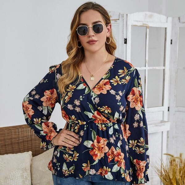 

Plus Floral Print Wrap Babydoll Blouse, Navy blue