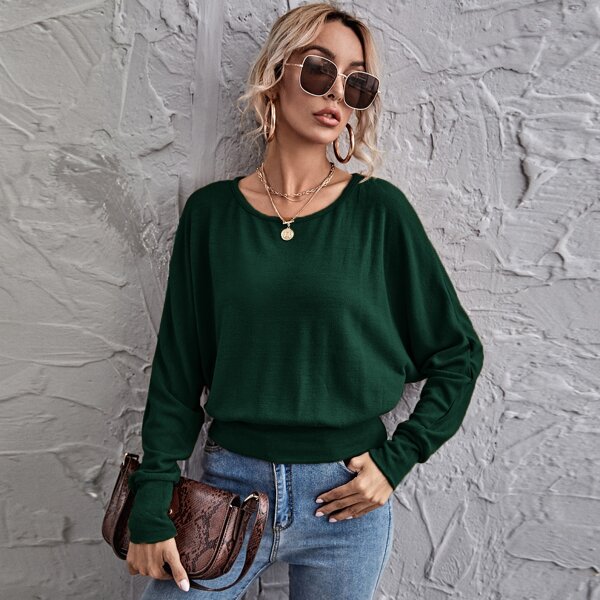 

Batwing Sleeve Solid Pullover, Dark green