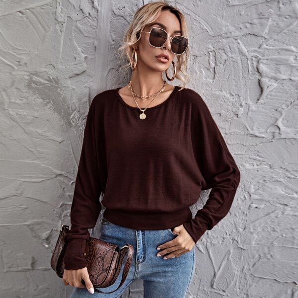 

Batwing Sleeve Solid Pullover, Chocolate brown