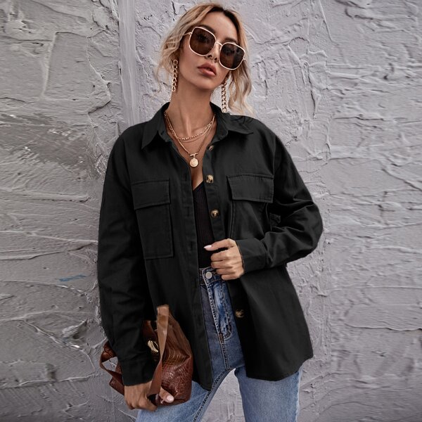 

Drop Shoulder Flap Pocket Overshirt, Black