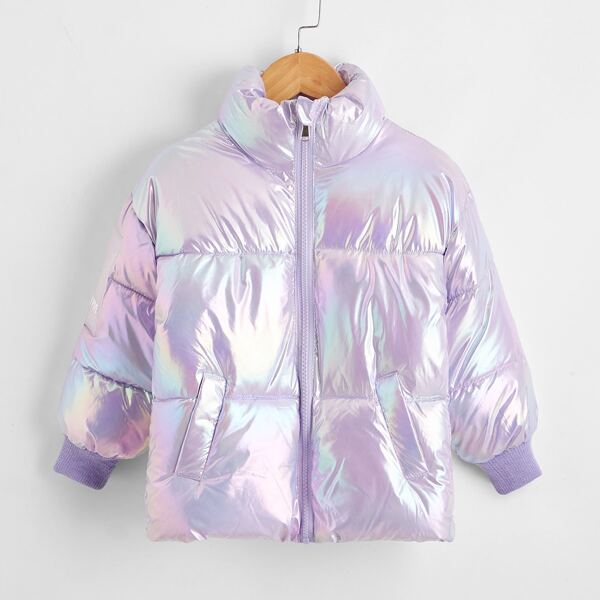 

Toddler Girls Holographic Pocket Zip Up Puffer Coat, Multicolor