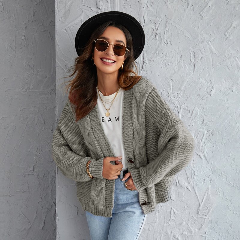 

Cable Knit Drop Shoulder Cardigan, Grey