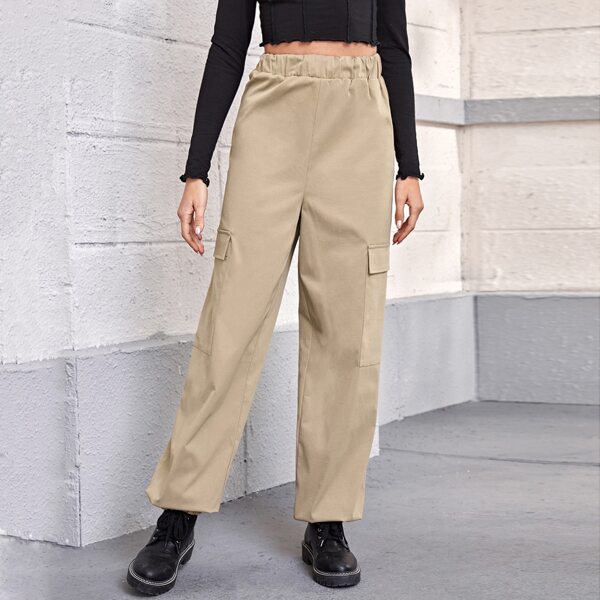 

Elastic Waist Flap Pocket Pants, Khaki