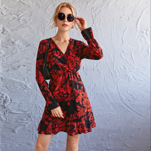 

Surplice Neck Flounce Sleeve Dress, Multicolor