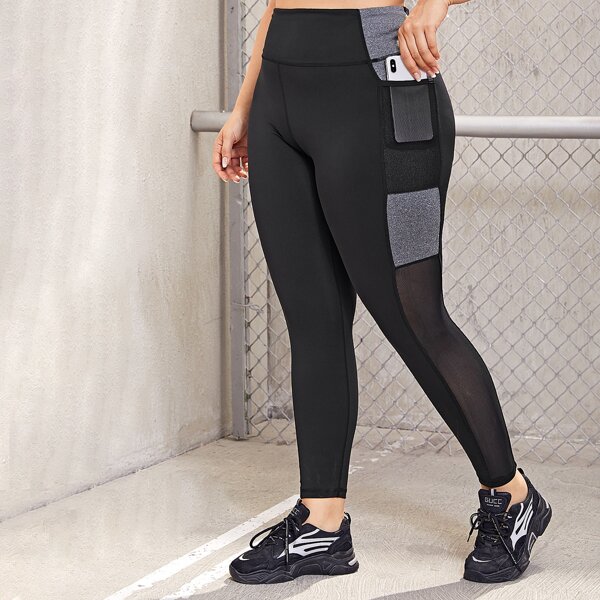 

Plus Contrast Mesh Side Sports Leggings With Phone Pocket, Black